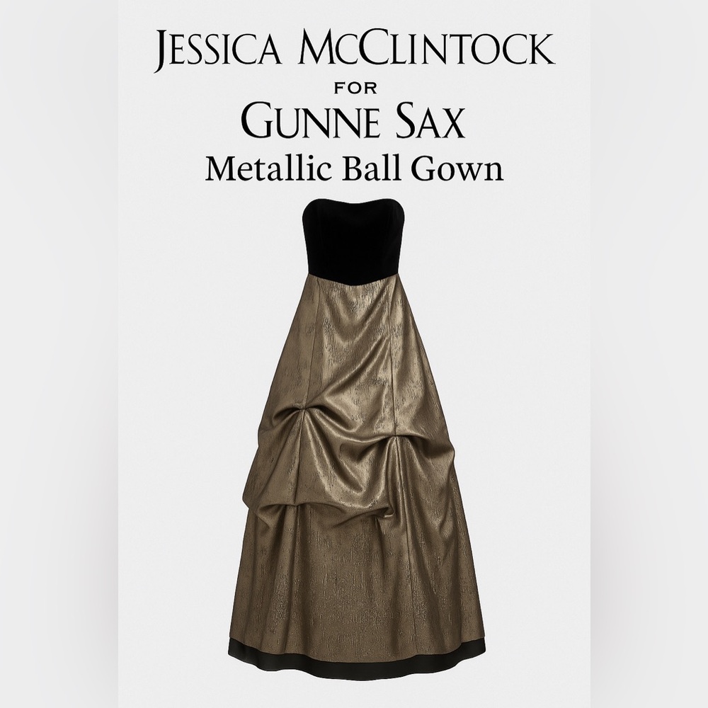 Jessica McClintock for Gunne Sax Strapless Metallic Ball Gown Black & Gold